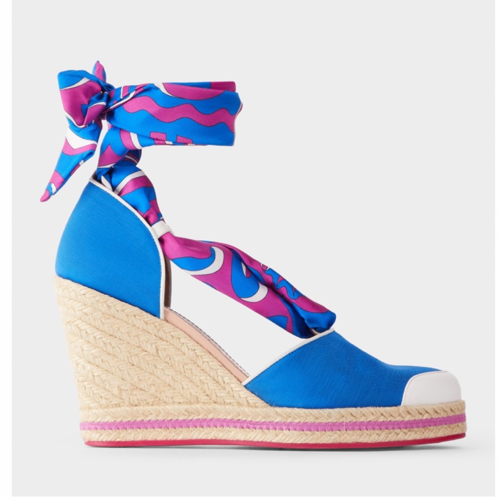 EMILIO PUCCI LONDON TIKI PRINT TWILL ESPADRILLES W/REMOVABLE SCARF IN BLUE